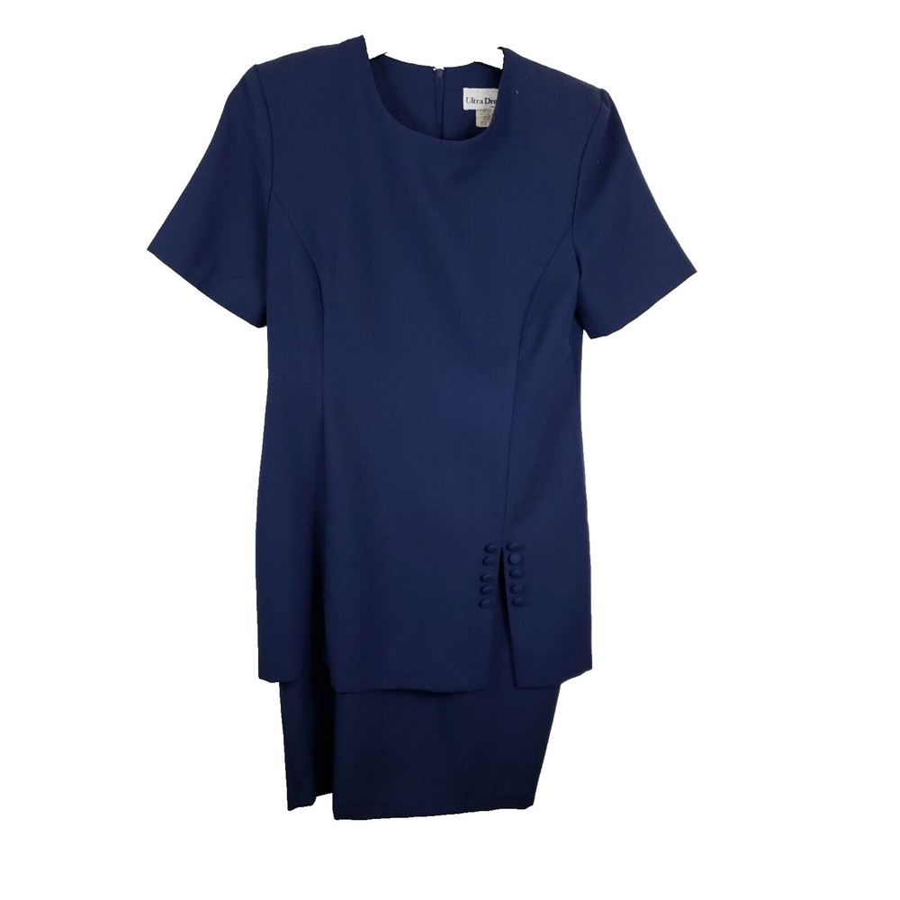 Ultra Dress Women’s sz 10 Navy Tiered 1 Piece USA shoulder pads Vintage